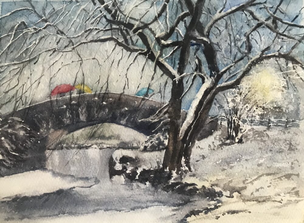 Bunte Regenschirme im Winter | 25 x 36 cm | Aquarell auf Papier | 2023