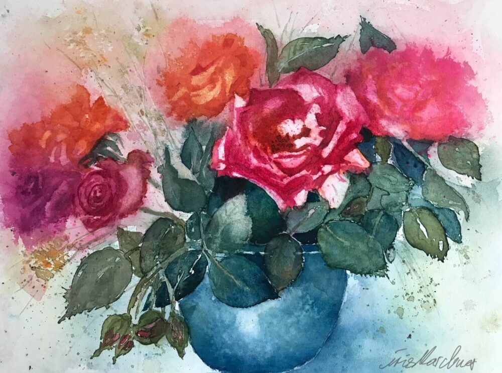 Rosen in blauer Vase | 32 x 48 cm | Aquarell auf Papier | 2021