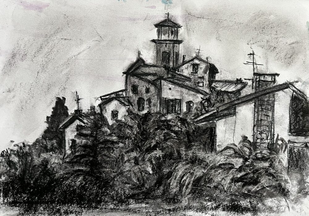 Alte Kirche von Pai | 20 x 27 cm | Kohle auf Papier | 2024