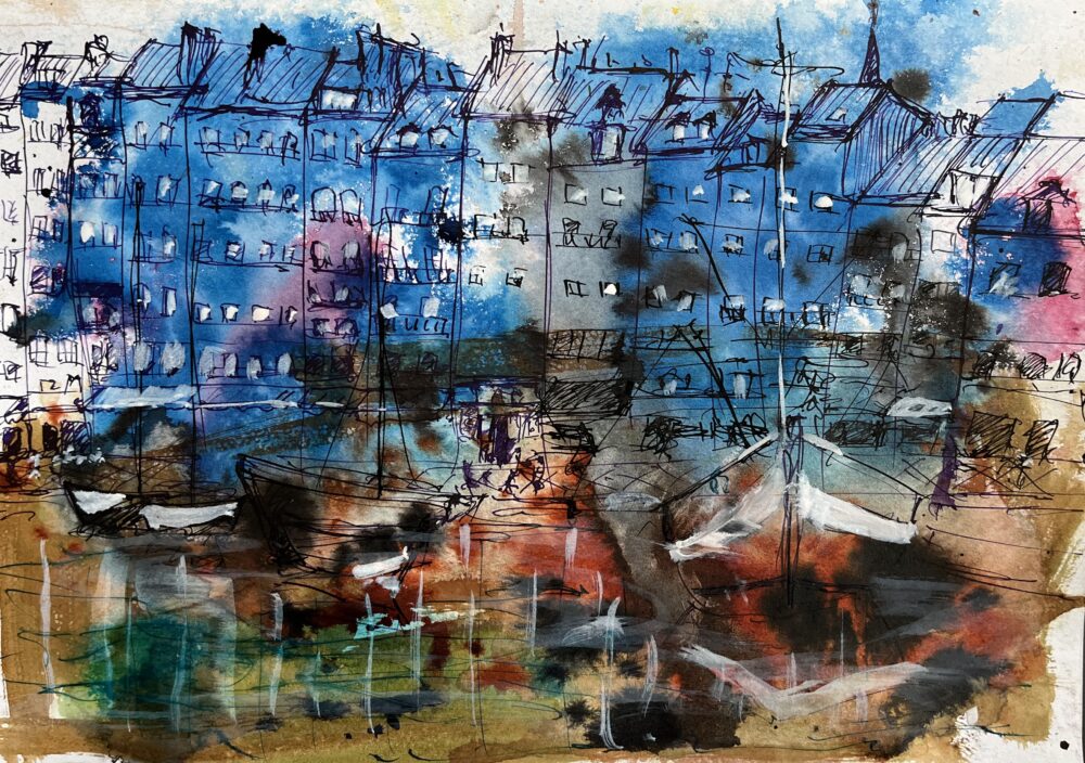 am Hafen | 20 x 27 cm | Tusche auf Papier | 2025