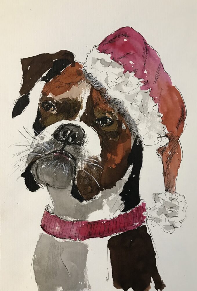 Weihnachtshund | 21 x 28 cm | Tusche auf Papier | 2022