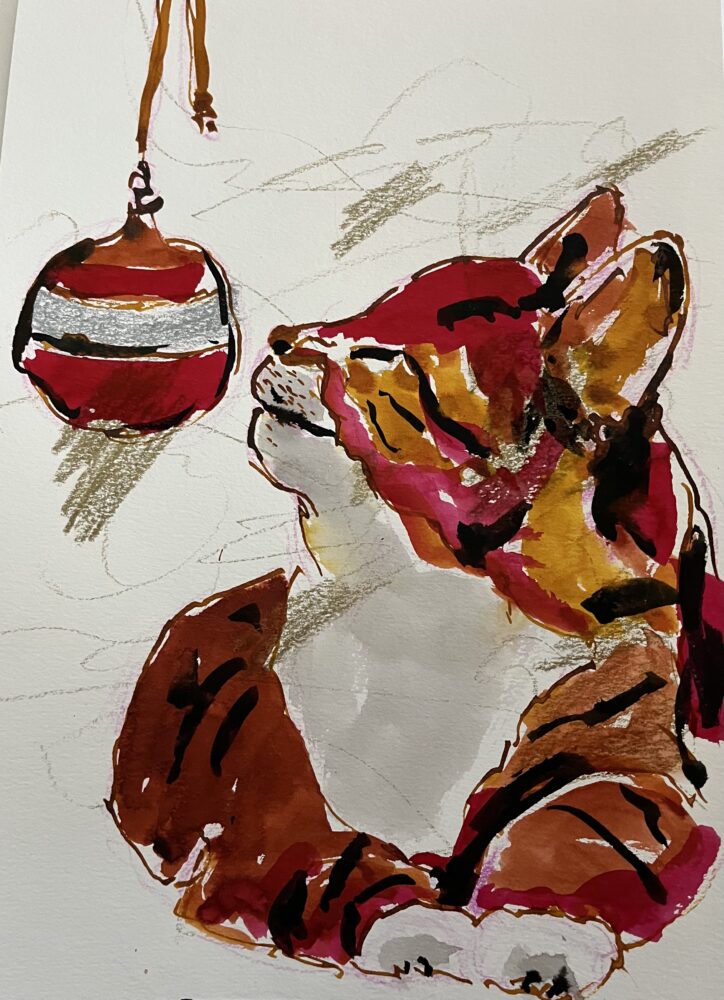Weihnachtskatze | 21 x 28 cm | Tusche auf Papier | 2023
