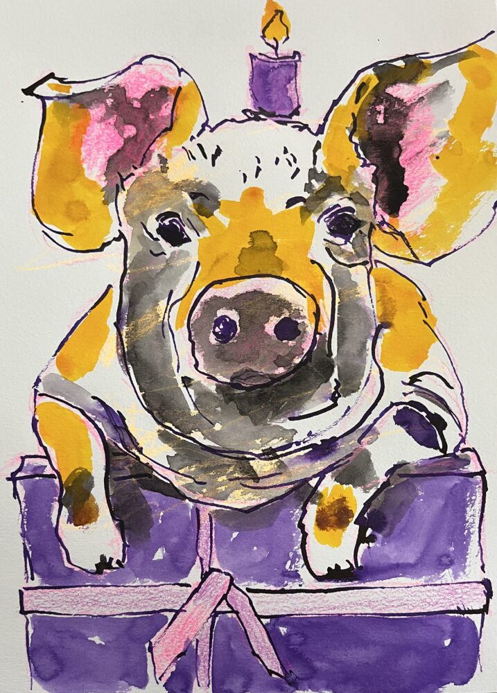 Weihnachtsschweinchen | 21 x 28 cm | Tusche auf Papier | 2023