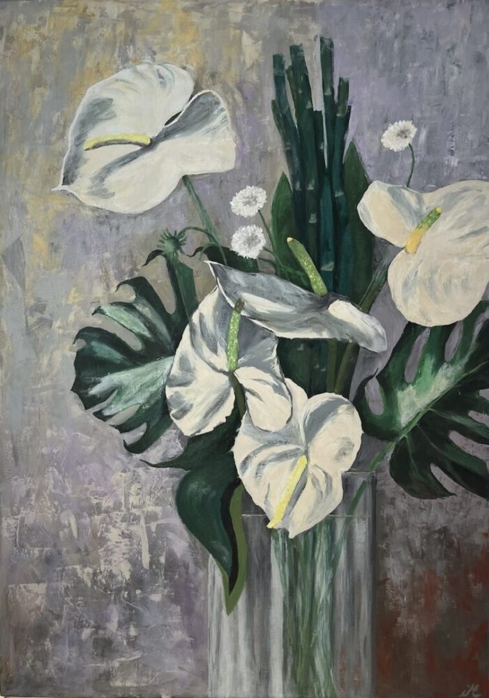 Flamingoblumen in Vase | 90 x 110 cm | Acryl auf Holz | 2025