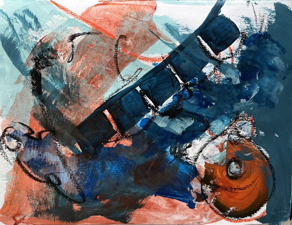 Dialog in Blau und Orange | 21 x 27 cm | Mixed Media auf Papier | 2025