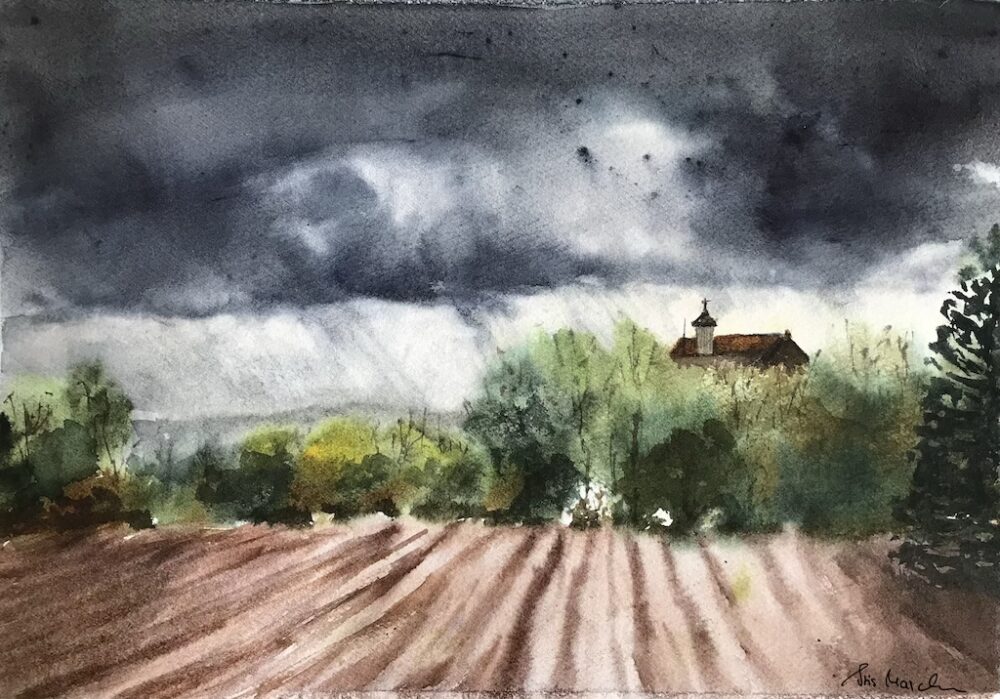 Gewitter über Ebersberg | 27 x 37 cm | Aquarell auf Papier | 2022